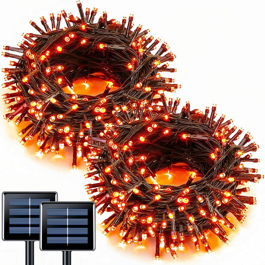 JMEXSUSS 2 Pack Orange Halloween Lights: 100 LED 33ft Solar Halloween Lights Outdoor Waterproof - 8 Modes Orange Solar Light for Christmas Outside Tree Gardens Fall Festival