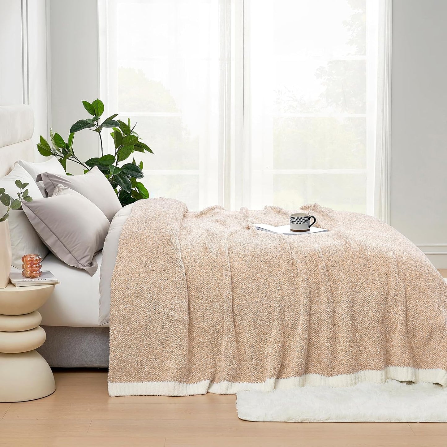 Snuggle Sac Queen Size Bedding Blankets, Super Soft Warm Oversized Bed Blankets Cozy Knit Fuzzy Blankets for Bed, Heather Beige, 90x90 inches