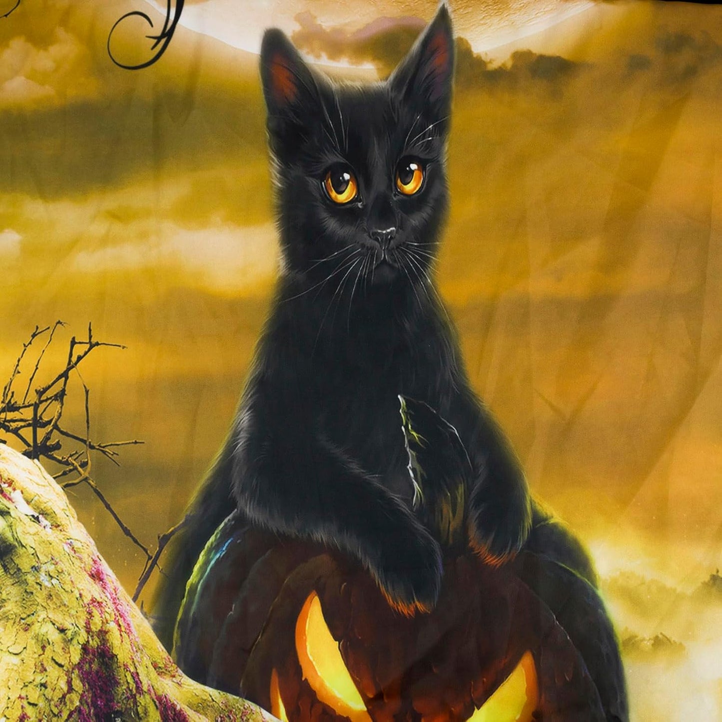 LB Halloween Wall Tapestry - Horror Witch Cat, Dead Tree, Pumpkin Lights With Spooky Graveyard, Orange Full Moon Over Misty Forest for Bedroom Living Room Dorm - 80x60 Inches