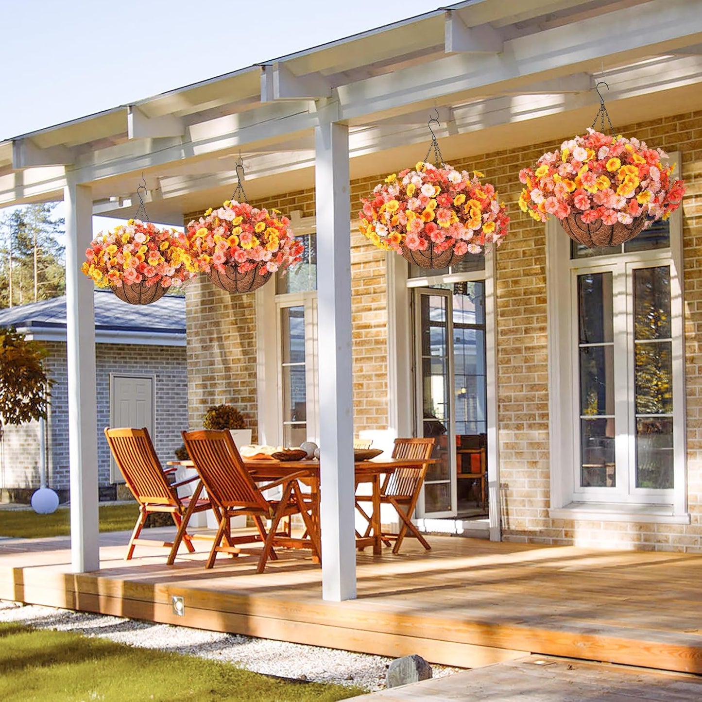 Artificial Fall Flowers Fake Hanging Plants Flowers Basket for Outdoors Autumn Decoration, Silk Morning Glory with Eucalyptus Look Real UV Resistant Faux Flowers for Outside Porch Patio Balcony, Mix