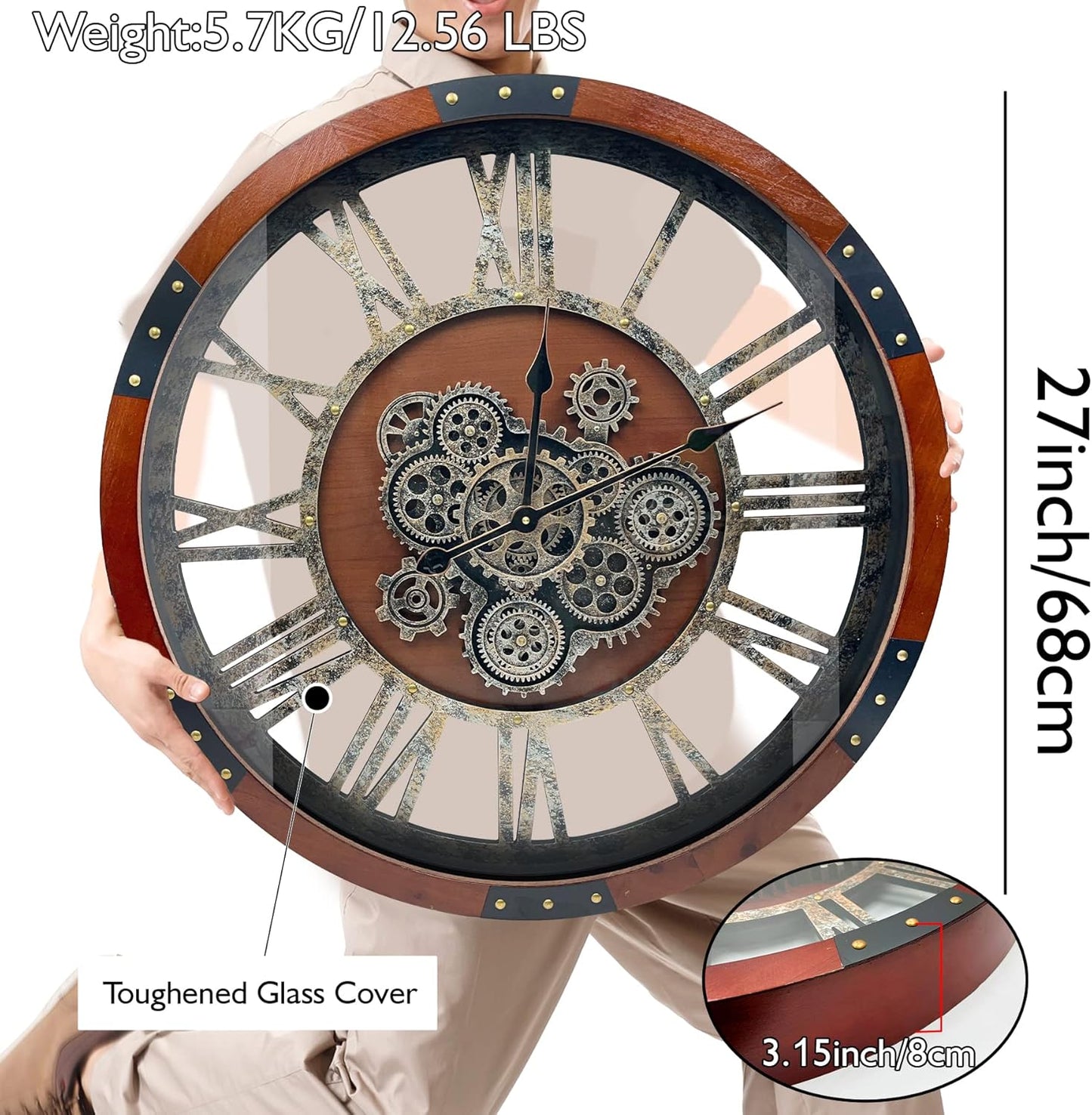 DORBOKER 27" Original Moving Gears Wall Clock, Large Industrial Wall Clock for Living Room Decor, Retro Metal Solid Wood Vintage Farmhouse Steampunk Rustic Clocks for Wall Decor,Black Walnut