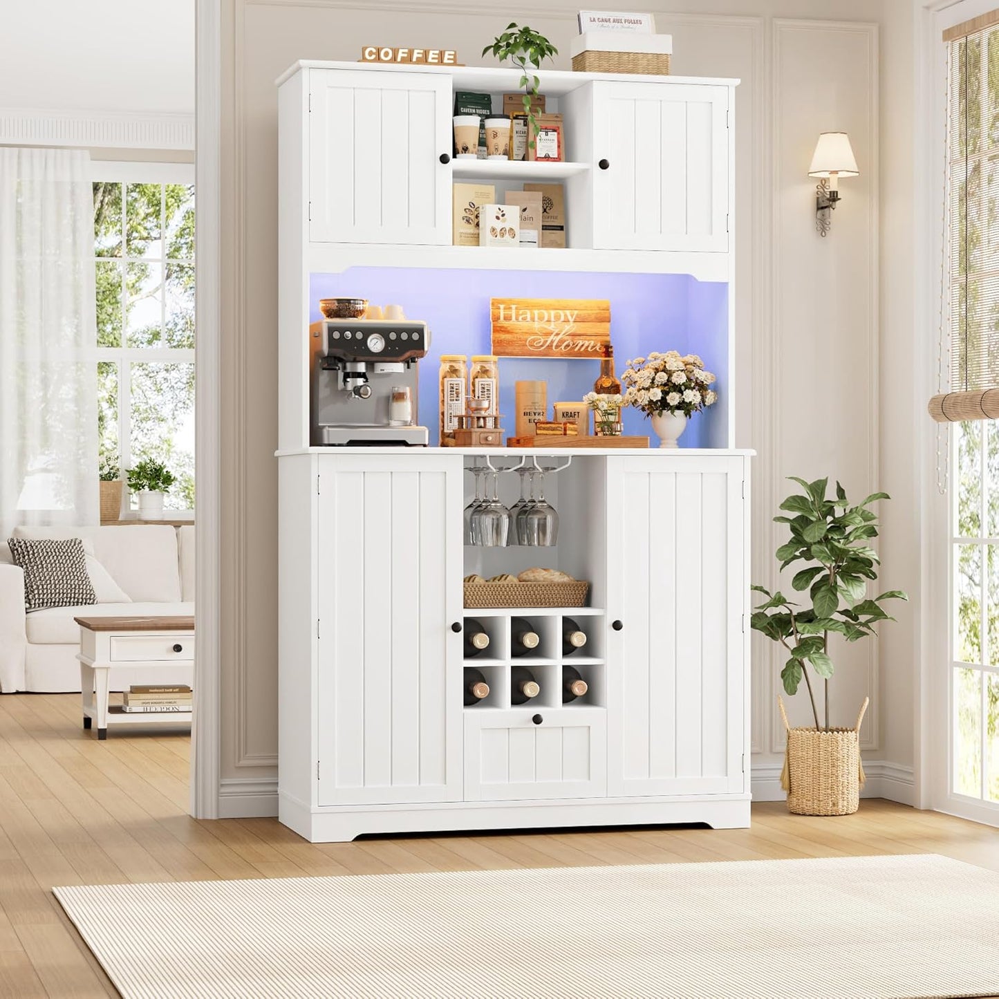 FINETONES 71" Pantry Cabinet with 7-Color LED Light and Charging Station, Kitchen Pantry Cabinet with Microwave Stand, Kitchen Hutch Food Storage Cabinet with Outlet and Wine Racks, White