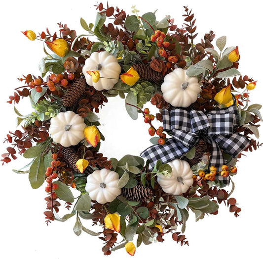 WANNA-CUL 24 inch Large Farmhouse Fall Wreath Decor for Front Door with White Pumpkin,Cotton,Lamb's Ear and Eucalyptus Leaves,Harvest Door Wreath for Autumn or Thanksgiving Decorations