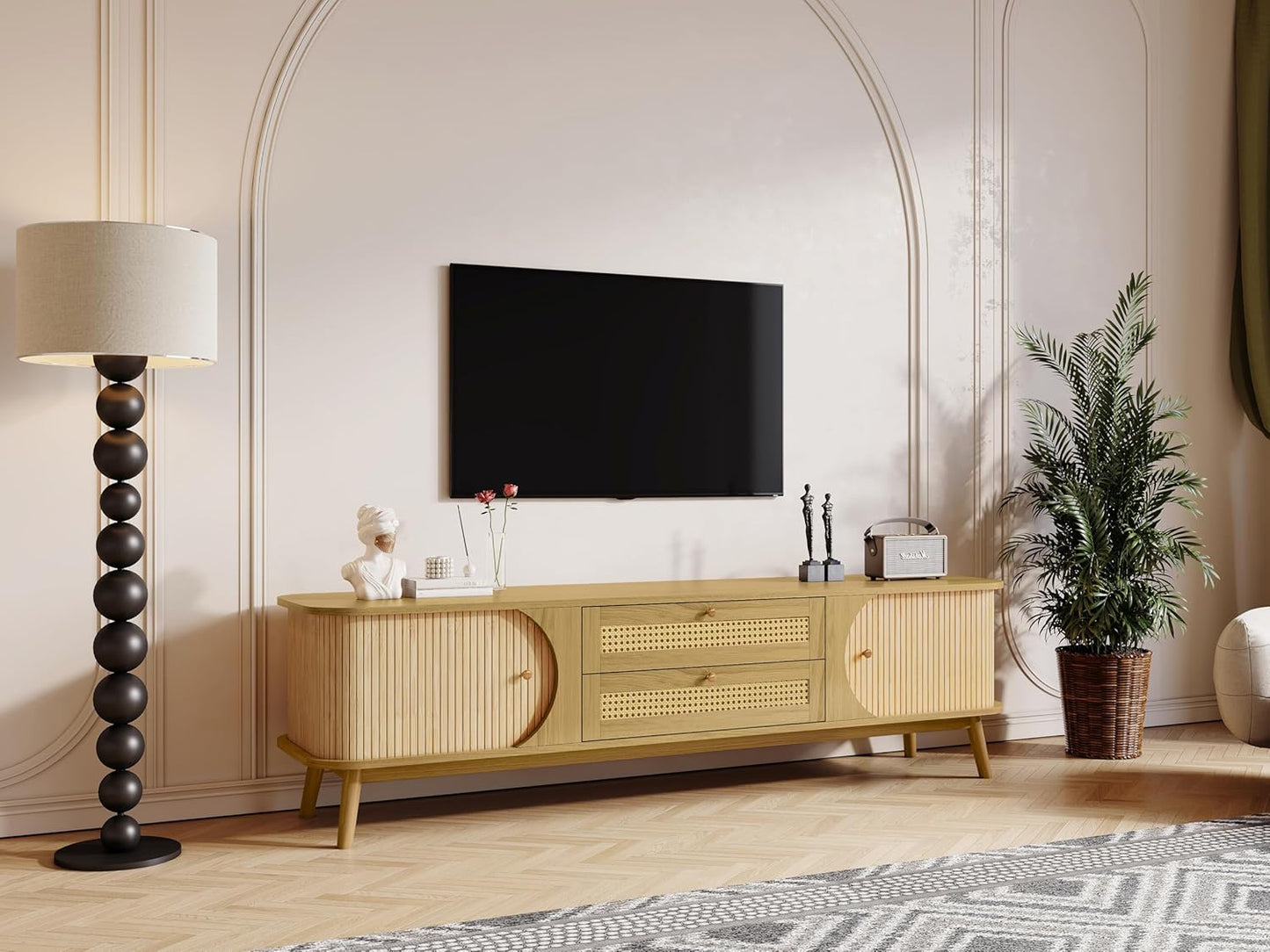 Merax Modern Fluted TV Stand for 75" TVs, Mid-Century Entertainment Center Tambour Door Media Console TV Cabinet with Rattan-Front Drawer for Living Room, Curved Profile Design