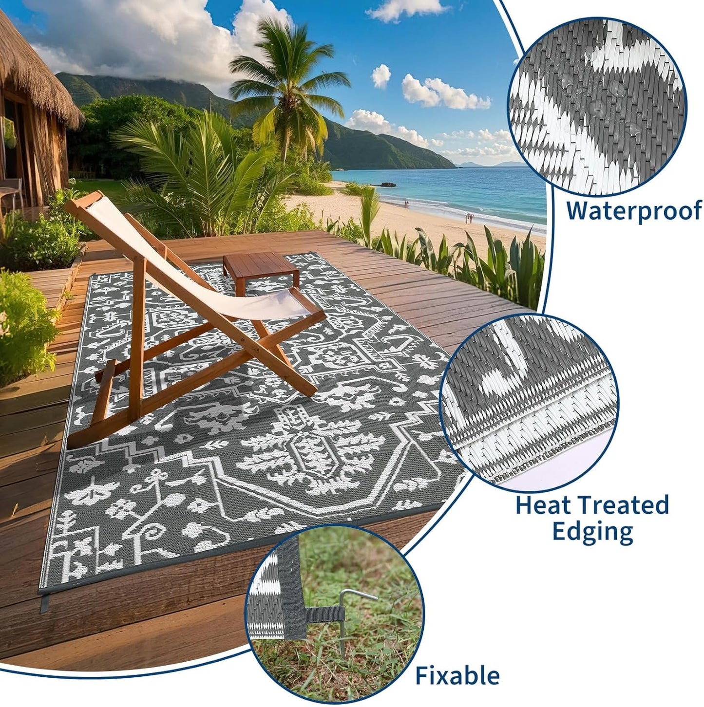 Outdoor Rug 8x10 Waterproof Reversible Plastic Straw Mat, UV-Resistant Vintage Medallion Camping Carpet for Patio, Deck, Balcony, Picnic, Large Outside Floor Mat, Grey White