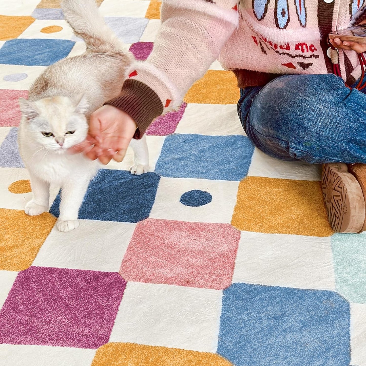 jinchan Area Rug 5x7 Kids Washable Indoor Floor Cover Non-Slip Modern Soft Rug Elementary School Classroom Colorful Diamond Carpet for Nursery Playroom Daycare Bedroom Living Room Berries on Cream