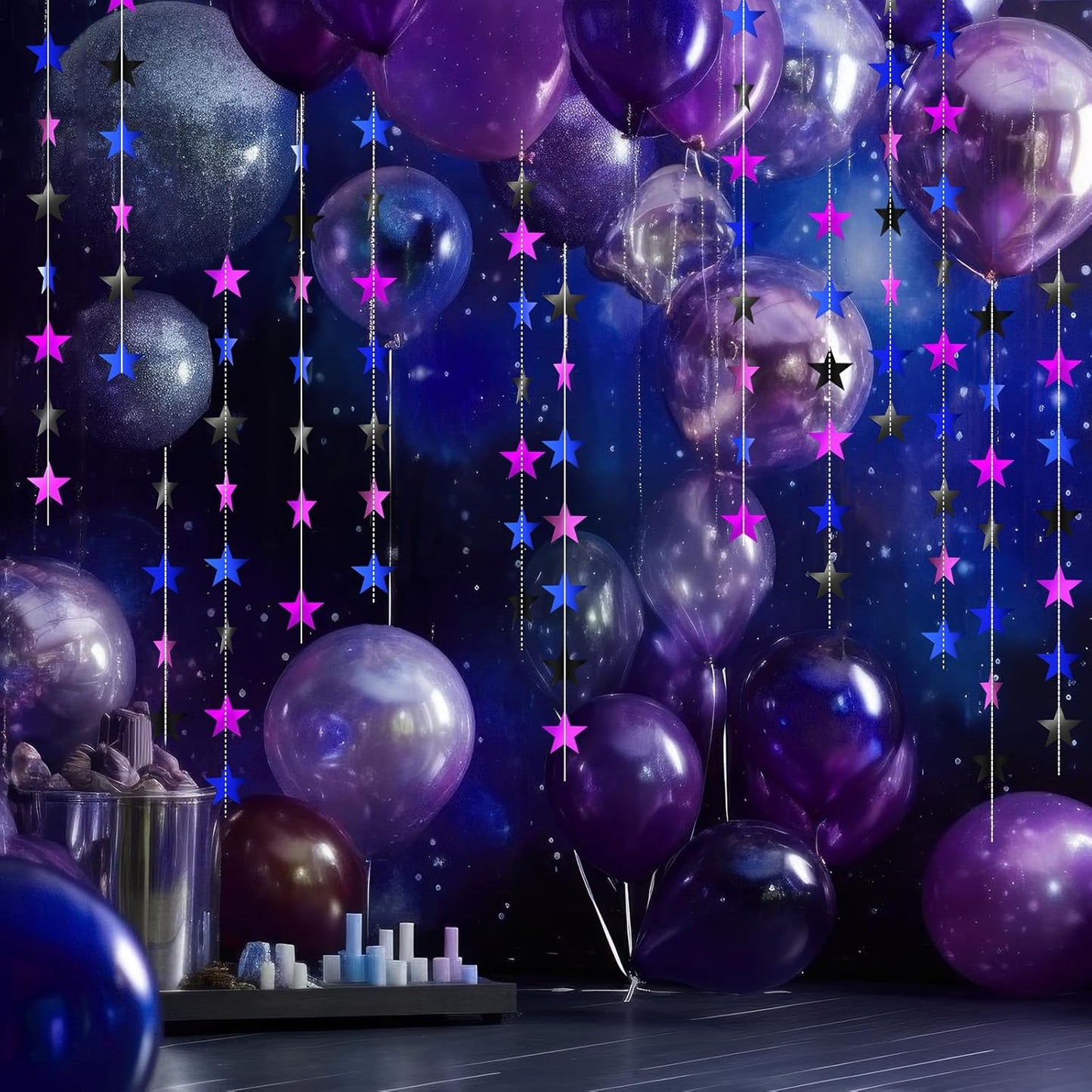 Patelai Glitter Star Garland Banner Decor 130 Feet Star Hanging Bunting Banner Twinkle Backdrop for Homecoming Classroom Wedding Birthday Halloween Christmas Party Supplies(Blue,Black,Purple)