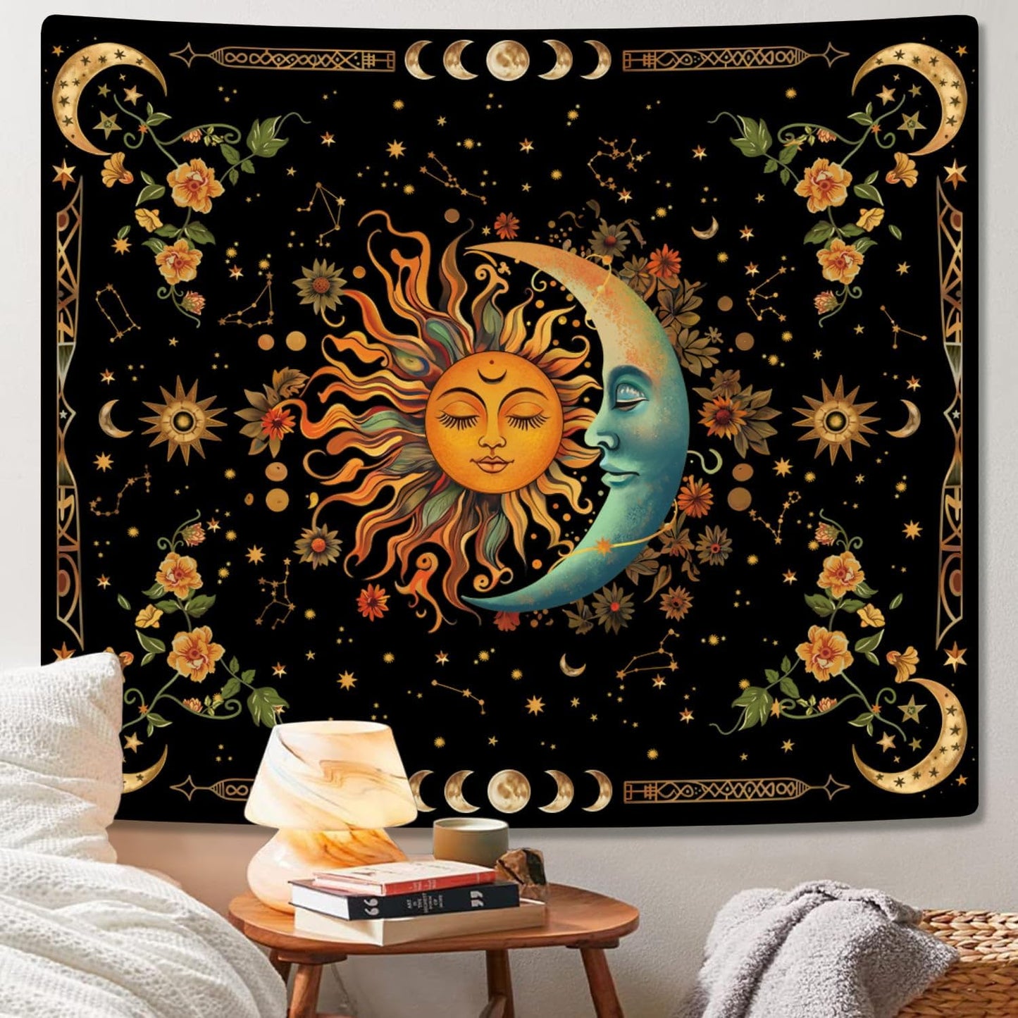 ARTCREATOR Sun and Moon Tapestry Astrology Space Wall Hanging Boho Hippie Floral Plant Tapestries Aesthetic Vintage Mandala Flower Decor for Living Room Bedroom (59" x 78")