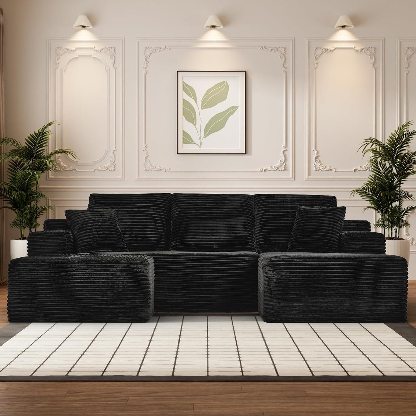 Modular Sectional Sofa Cloud Sectional Couch, 107" Comfy Fluffy U Shaped Black Couches for Living Room, Deep Seat Memory Foam Plush Corduroy Boneless Couch Sectionals with Right Facing Chaise Sofa