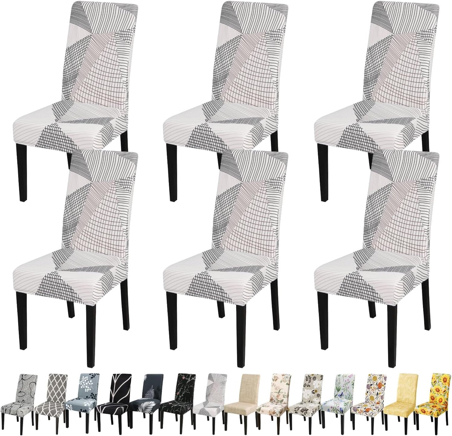 JQinHome White Chair Covers for Dining Room Set of 6, High Stretch Removable Washable Parsons Chair Slipcover for Home Party Hotel Wedding Ceremony (6PCS, Geometric)