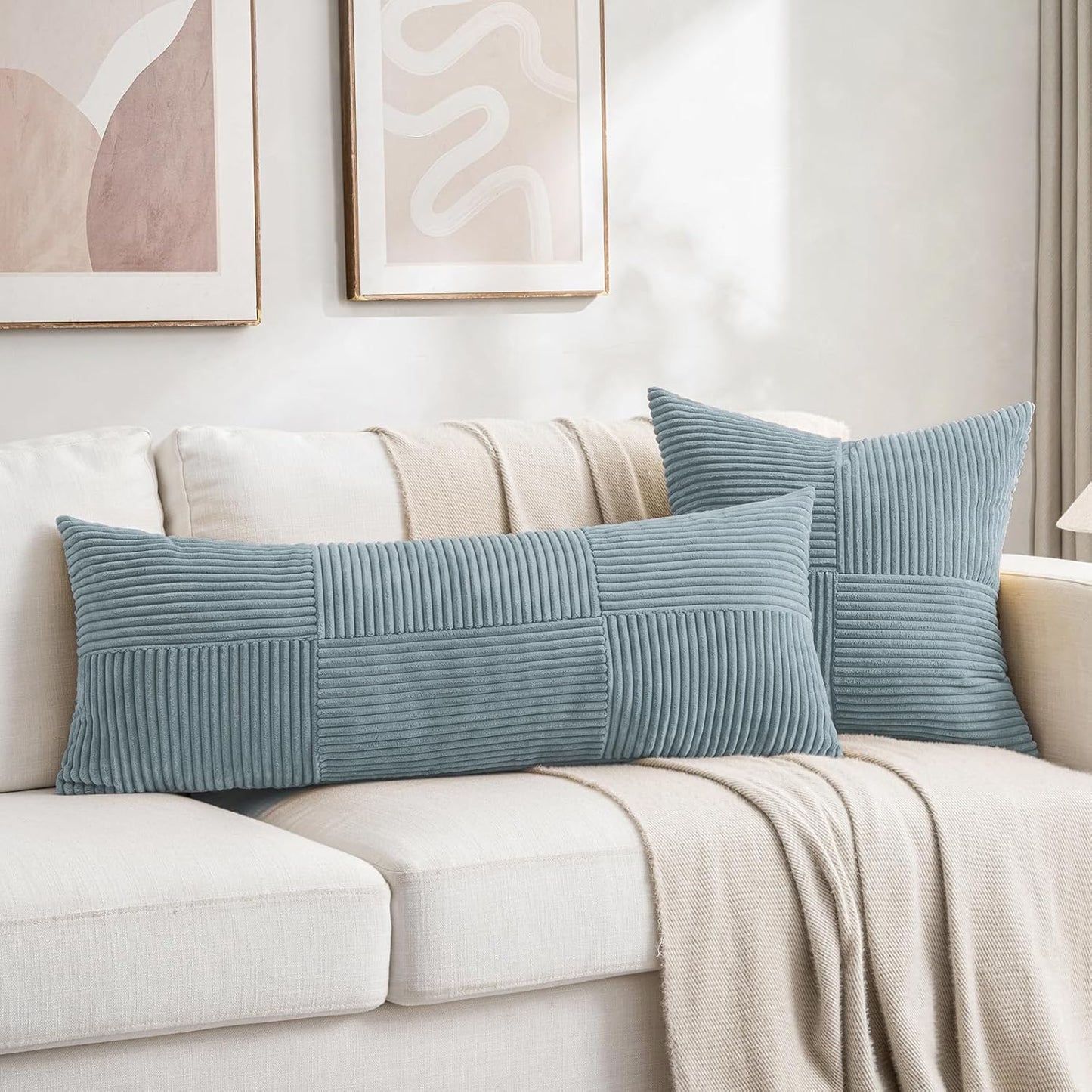 Fancy Homi Set of 2 Light Blue Decorative Throw Pillow Covers 16x16 Inch for Living Room Couch Bed, Rustic Farmhouse Boho Home Decor, Soft Striped Corduroy Textured Square Cushion Case 40x40 cm