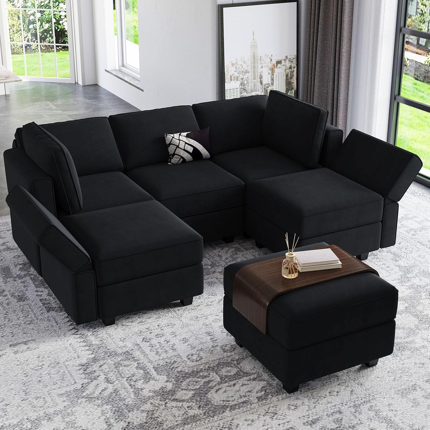 Belffin Modular Velvet Sectional Sofa with Chaise Lounge Sectional Sleeper Sofa with Storage Chaise Sofas Bed Couch for Living Room Black