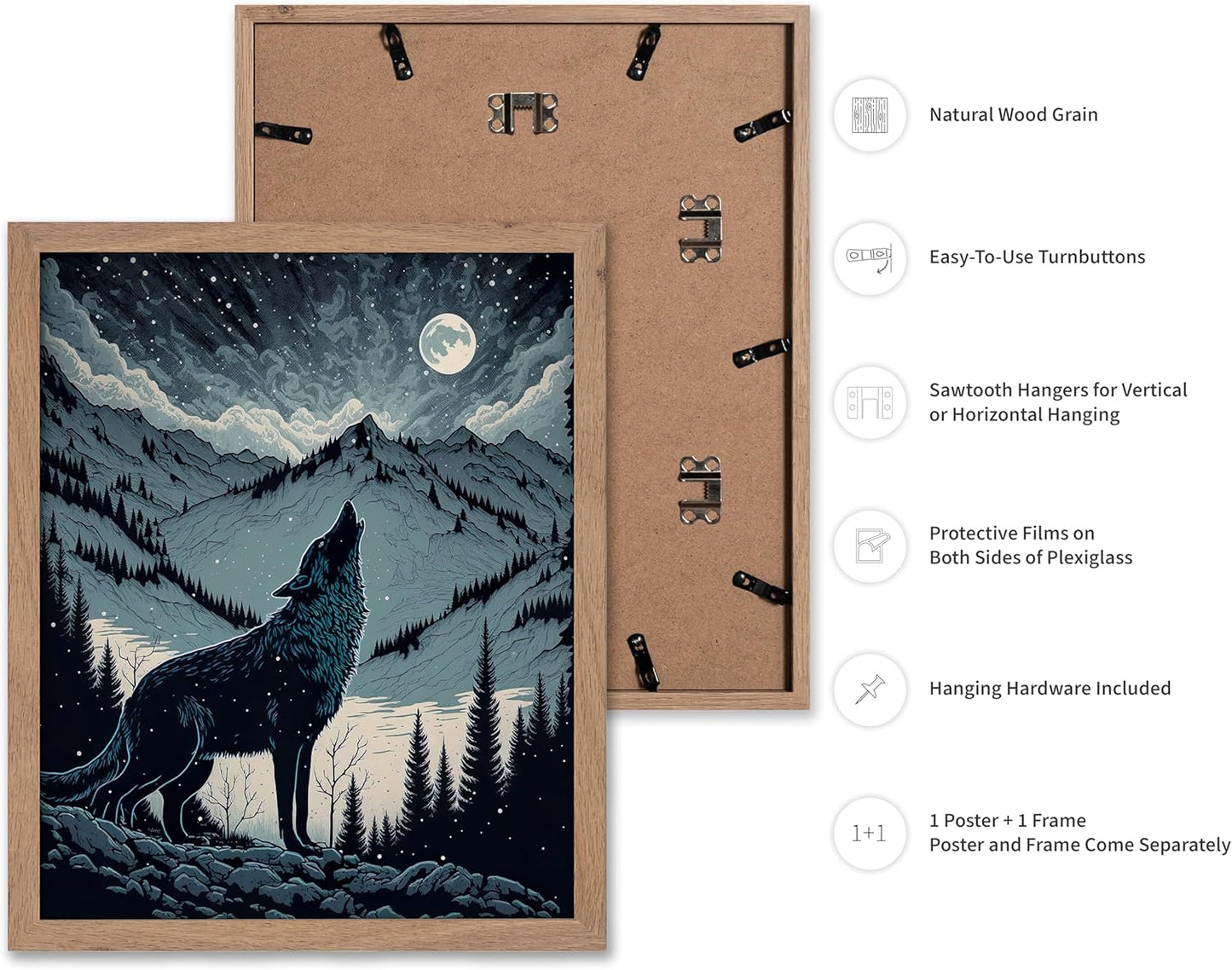 Poster Master Vintage Illustration Poster - Retro Animal Print - Gift for Artist, Friend - Wolf Howling at the Moon, Mountain, Snow, Landscape - Wall Decor for Home, Office, 16x20 Beige Framed