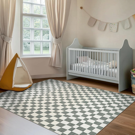 jinchan 4x6 Checkered Area Rugs for Kids Room - Machine Washable Soft Rug Modern Geometric Lattice Non-Slip Carpet for Nursery Playroom Bedroom Entryway Living Room Dining Room Home Office Grey