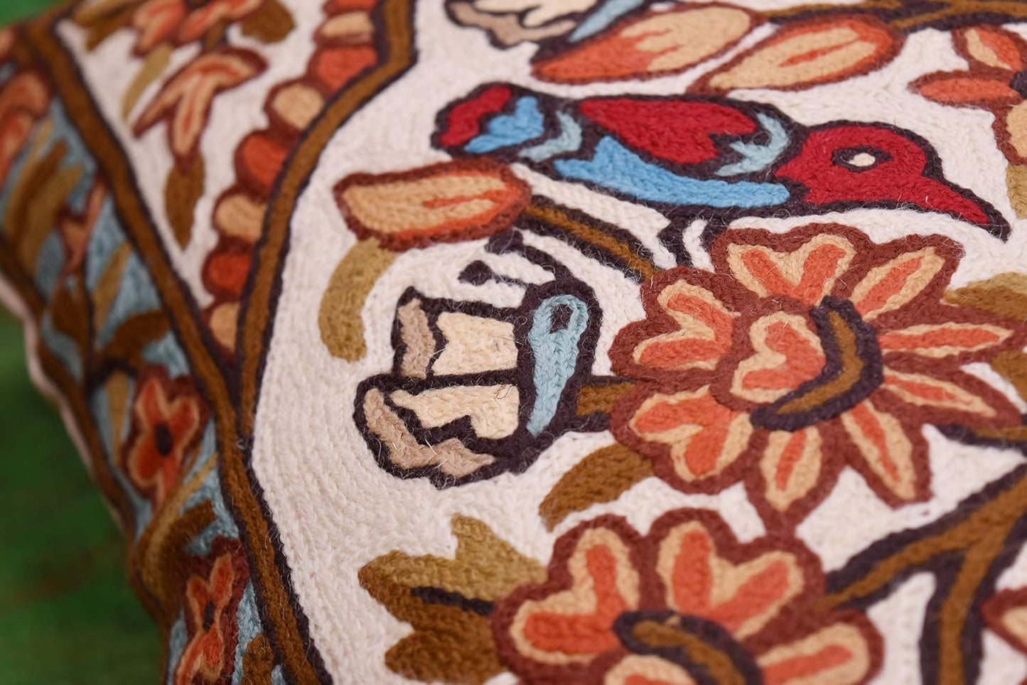 Tree of Life Pillow Cover - Gold Birds & Floral Suzani Cushions - Designer Flower Pillows - Modern Hand Embroidered Wool - Size 18x18