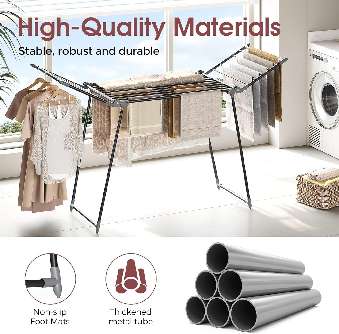 APEXCHASER Clothes Drying Rack Foldable, Large Drying Rack Clothing, Winged Laundry Rack Folding Indoor Outdoor, Metal Clothes Airer for Bedding Towel Sweater Heavy Duty, 68.9" X 23.6" X 41.3", Black