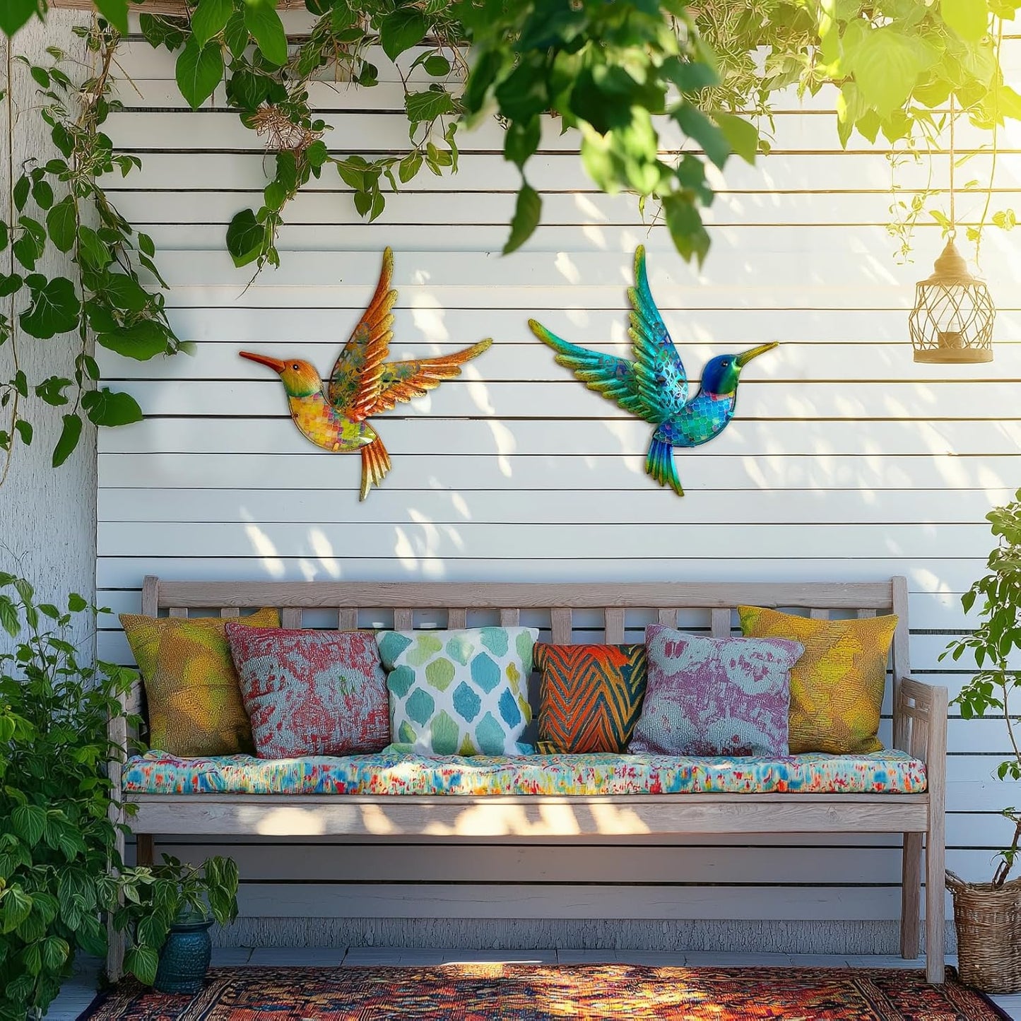 HONGLAND Metal Hummingbird Wall Art 12inch Metal Birds Wall Sculpture Garden Decoration Outdoor Statue Patio Fence Hanging Plaques 2 Pack（Multicolor）