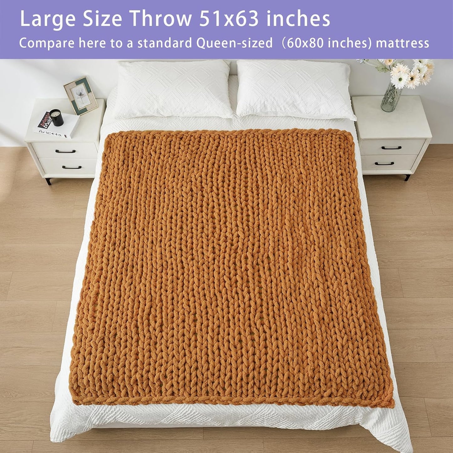 Bigacogo Chunky Knit Throw Blanket for Couch, 51x63 inches, 100% Hand Knitted with Thick Jumbo Chenille Yarn, Cozy Soft Large Rope Knot Cable Crochet Blankets for Sofa Bed Living Room, Burnt Orange
