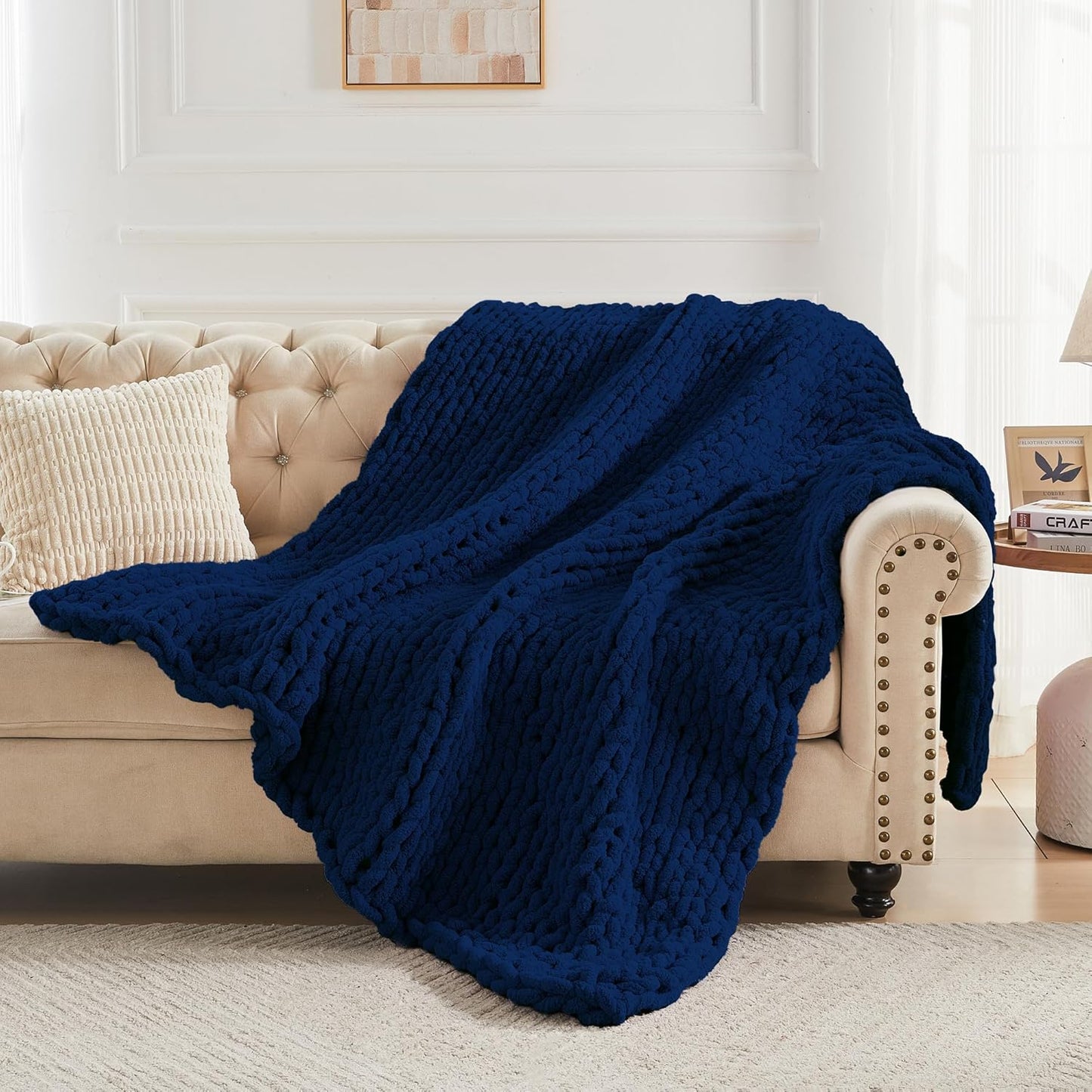 Carriediosa Chunky Knit Throw Blanket 50" X 60", 100% Hand Made Large Chenille Loop Yarn Soft Fluffy Throws for Couch Sofa Bed, Big Crochet Cozy Heavy Thick Cable Woven Blankets, Navy Blue