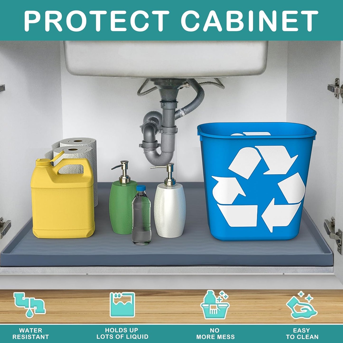 URMONA Waterproof Silicone Under Sink Mat 22'' x 22'' Shelf Liner for Kitchen and Bathroom, Cabinet and Counter Protector, Storage and Organizers, Litter Mat, Pet Cat Puppy Essentials(Black)