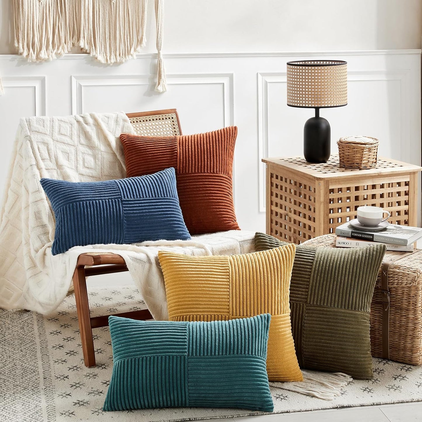 Fancy Homi 2 Packs Teal Euro Decorative Throw Pillow Covers 26x26 Inch for Living Room Couch Bed, Rustic Farmhouse Boho Home Decor, Soft Corss Corduroy Patchwork Textured Square Cushion Case 66x66 cm