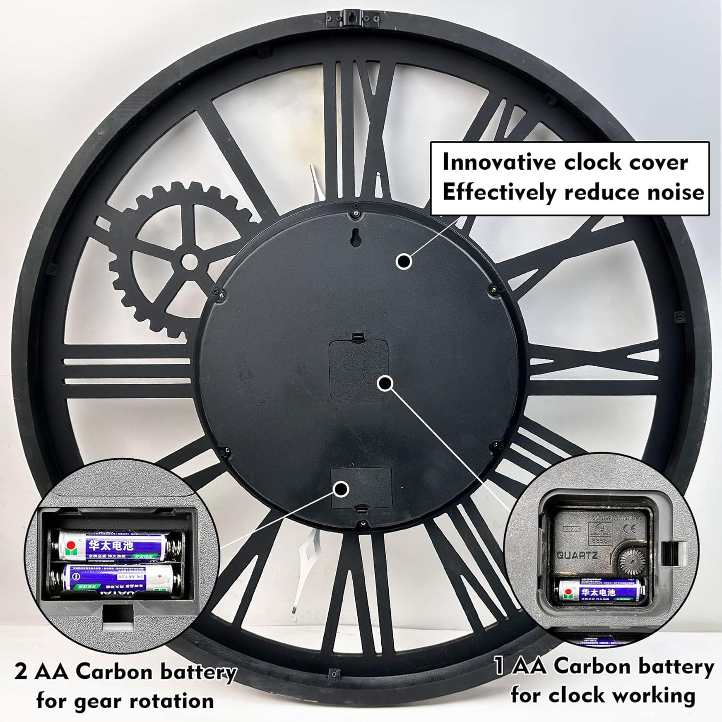 The B-Style Large Real Moving Gears Wall Clock 30 inch Rustic Retro Industrial Farmhouse Wood Clock Oversized Decorative Vintage Wall Clocks for Living Room (Carbon Gray)