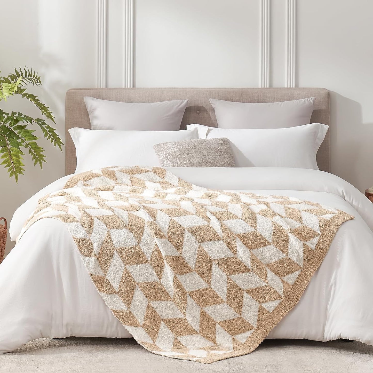 Snuggle Sac Chevron Throw Blanket for Couch, Reversible Super Soft Warm Blankets Cozy Knit Fuzzy Plush Lightweight Throws for Sofa, Bed, Camping, Beige,50x60 inches