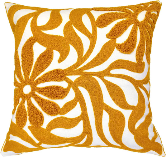 Alysheer Farmhouse Floral Leaves Embroidered Decorative Throw Pillow Cover 18x18 inches, Boho Tufted Flowers Embroidery Pattern Chic Cotton Cushion Case for Couch Bed Sofa Living Room(Mustard Yellow)