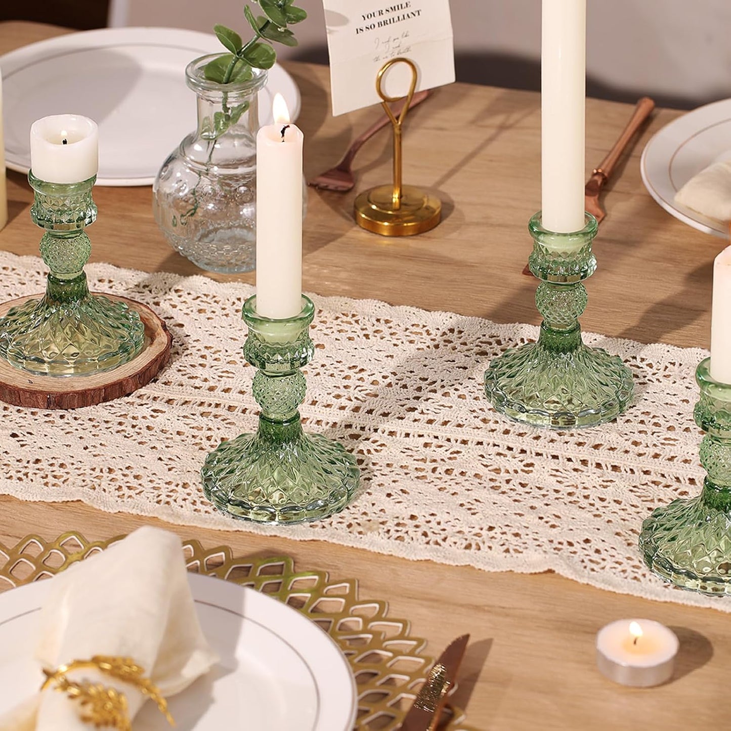 12Pcs Green Candlestick Holders Set- 4" H Taper Candle Holders Bulk, Glass Candle Holders for Wedding, Party, Romantic Dinner Table Centerpieces, Festival Gifts & Windowsill Decor