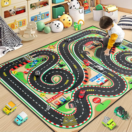 Kids Rug, Race Track Baby Play Mats, Realistic 3D Cascading Surround Route,5x7 Ft Kids Rug for Playroom, Great for Playing with Cars and Toys, Non-Slip Car Carpet