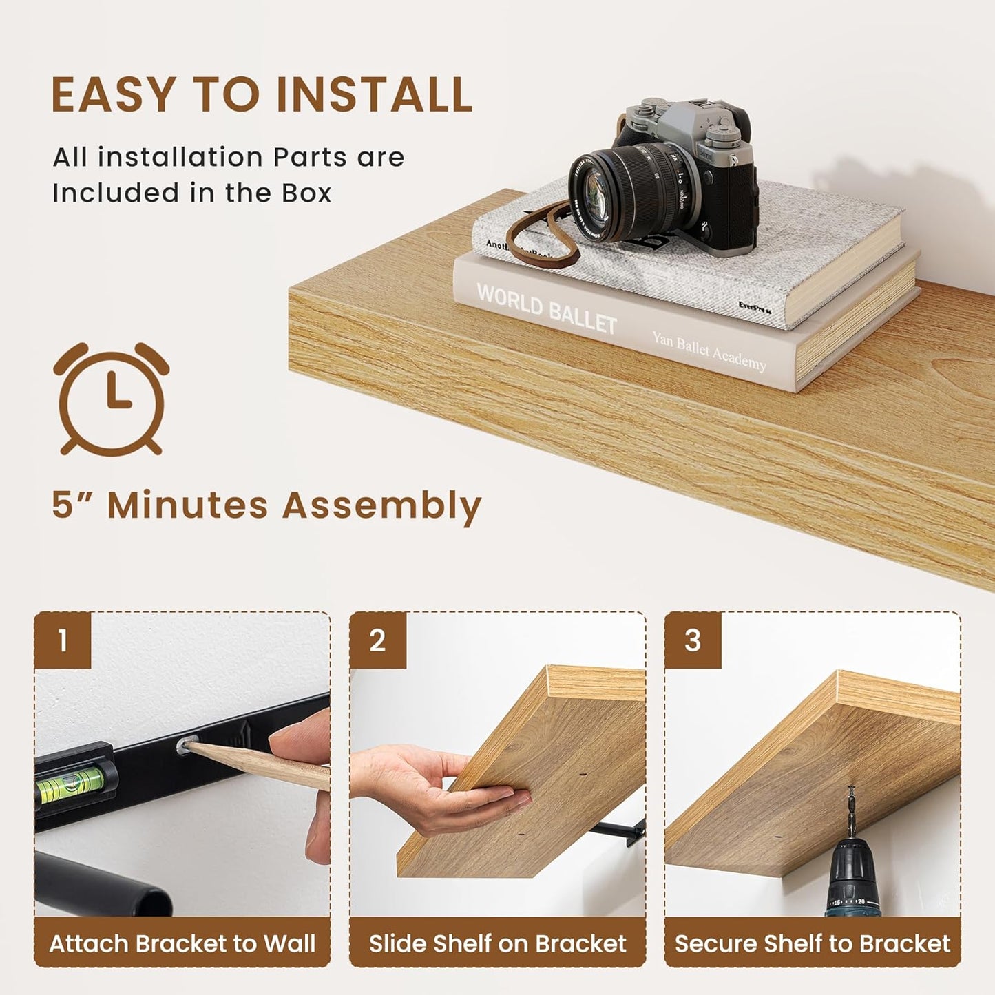 fuqing Floating Shelves for Wall, Bathroom Shelf Wall Mounted for Storage, Shelves with Invisible Bracket for Bedroom, Kitchen, Living Room, Farmhouse Small Book Shelf, 36 Inch Set of 2, Oak