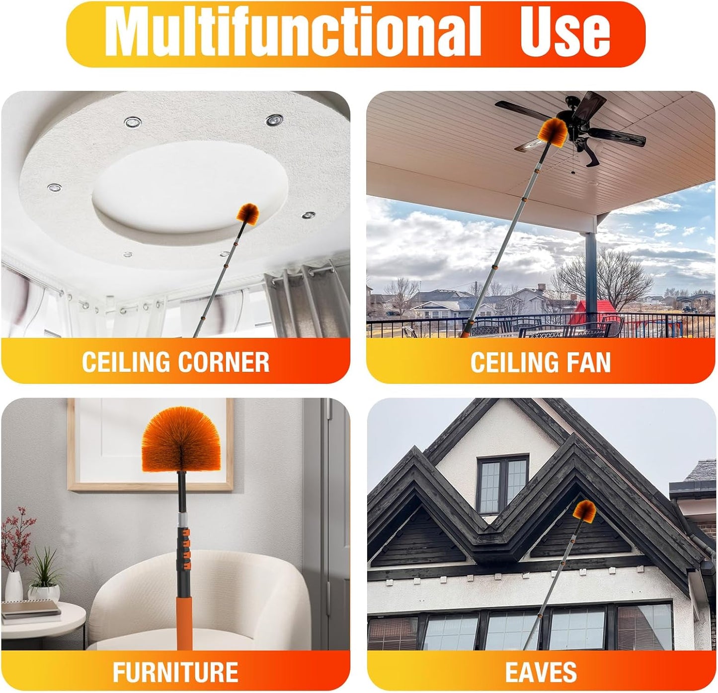 12FT (20FT Reach) Cobweb Duster with Extension Pole, Spider Web Brush for Cleaning Extendable, Professional Ceiling and Corner Dusters for Outdoor Indoor Use