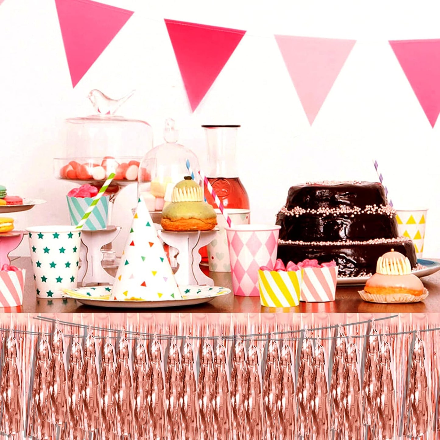 3P Rose Gold Foil Fringe Metallic Tassel Streamers Banner Tassel Garland for Parade Floats, Bachelorette, Wedding, Birthday, Halloween, Christmas, Bridal/Baby Shower Party Decorations