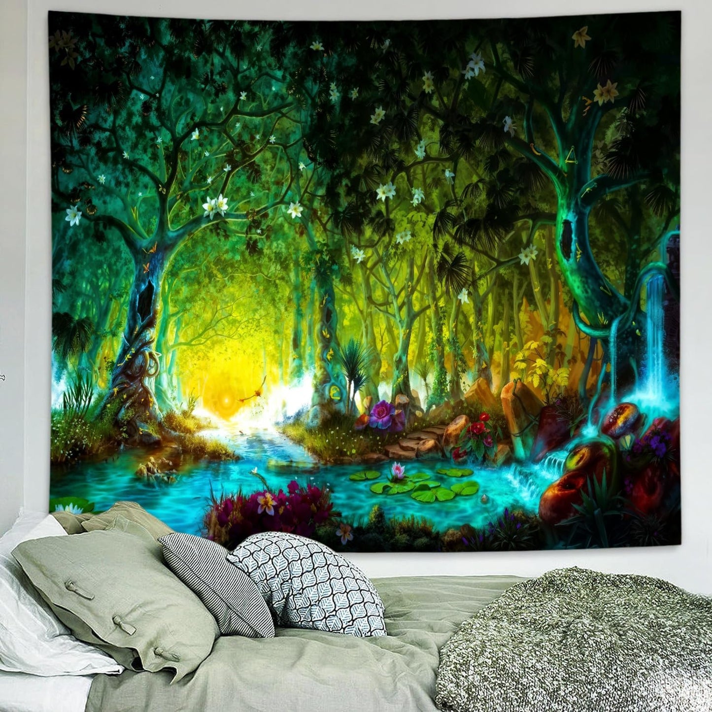 Delur Fantasy Forest Tapestry Mystical River Enchanted Magical Fairy Tale Tree Tapestry Sunrise Landscape Sunset Nature Psychedelic Wall Hanging Headboard for Bedroom Living Room Home Decor (70.8" x 92.5")