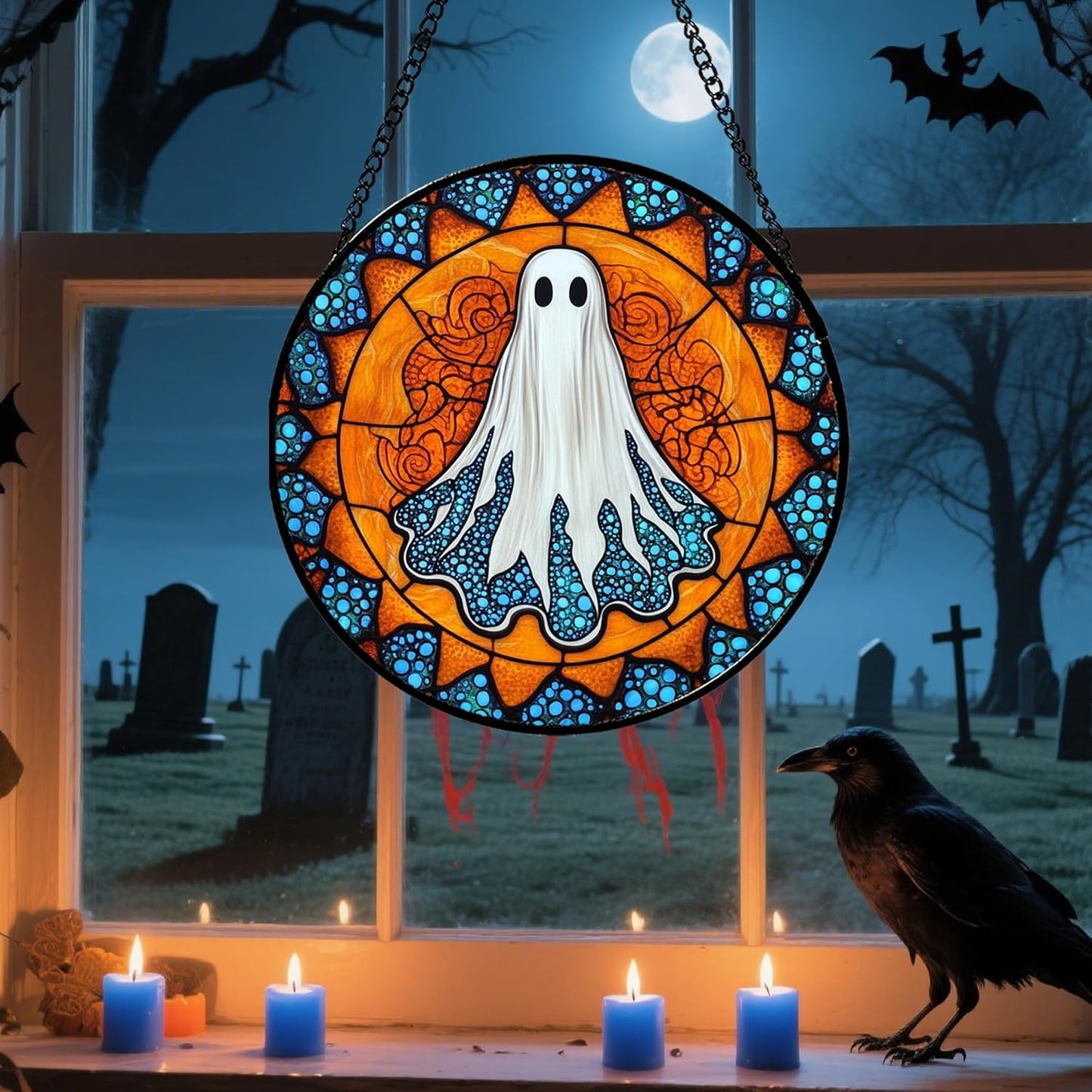 Stained Glass Window Hanging - Halloween Decorations White Ghost Suncatcher for Doors Garden Indoor Spooky Funny Blue Sun Catchers Gothic Decor Horror Gifts for Women Men Friend 11.8 in