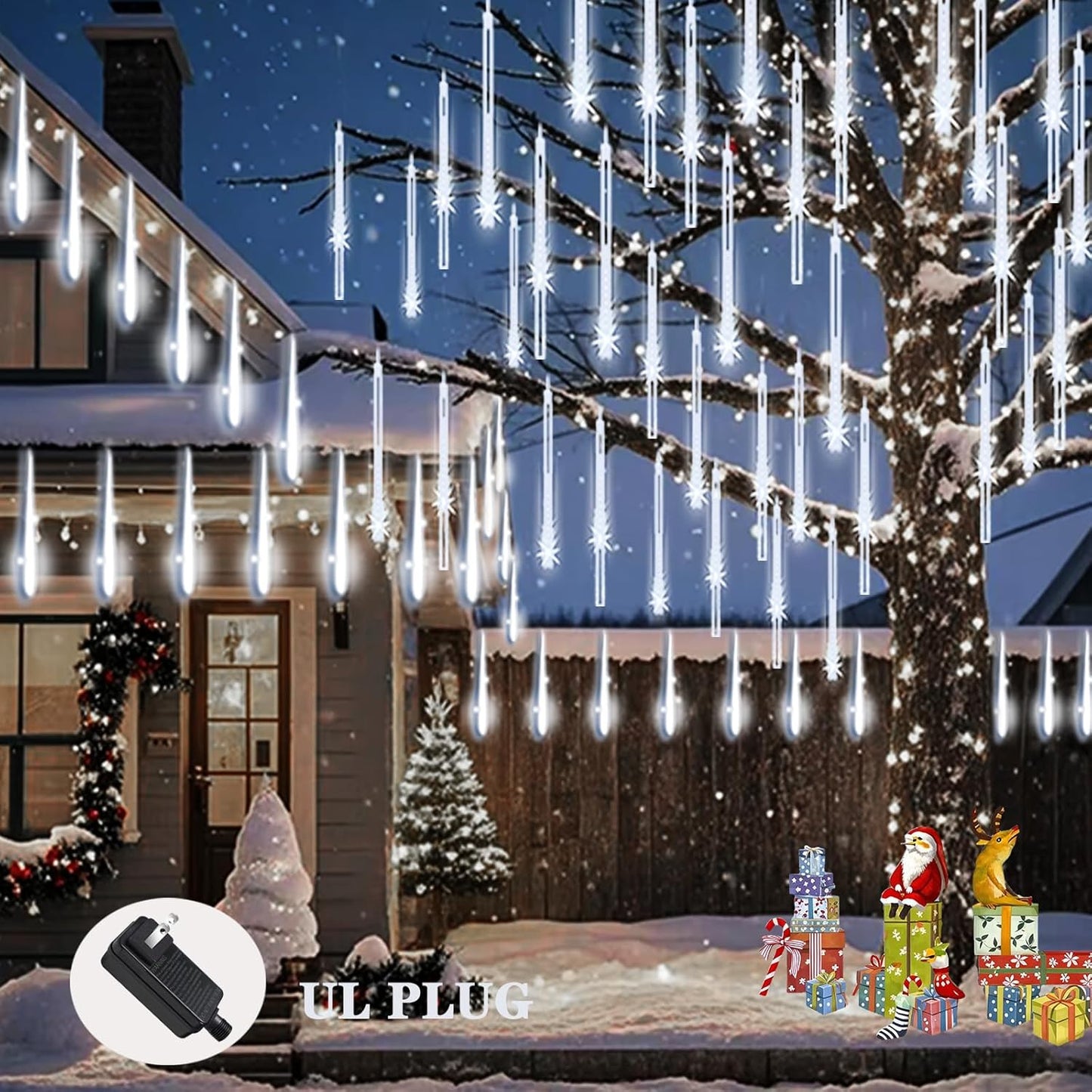 Meteor Shower Lights Christmas Lights Outdoor 24-Tube 576LEDs Snow Falling Rain Cascading Icicle Lights for Xmas Tree Christmas Decorations Wedding Party Holiday Garden Decor, UL Plug White