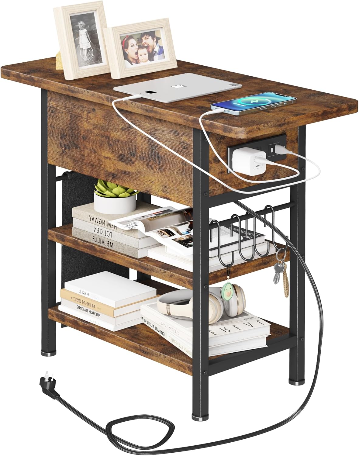 End Table with Charging Station, Flip Top Nightstand with USB Ports and Outlets, Couch Side Table with Fabric Bag and Hooks, Bedside Table for Space Saving, Living Room, Bedroom (Rustic Brown)