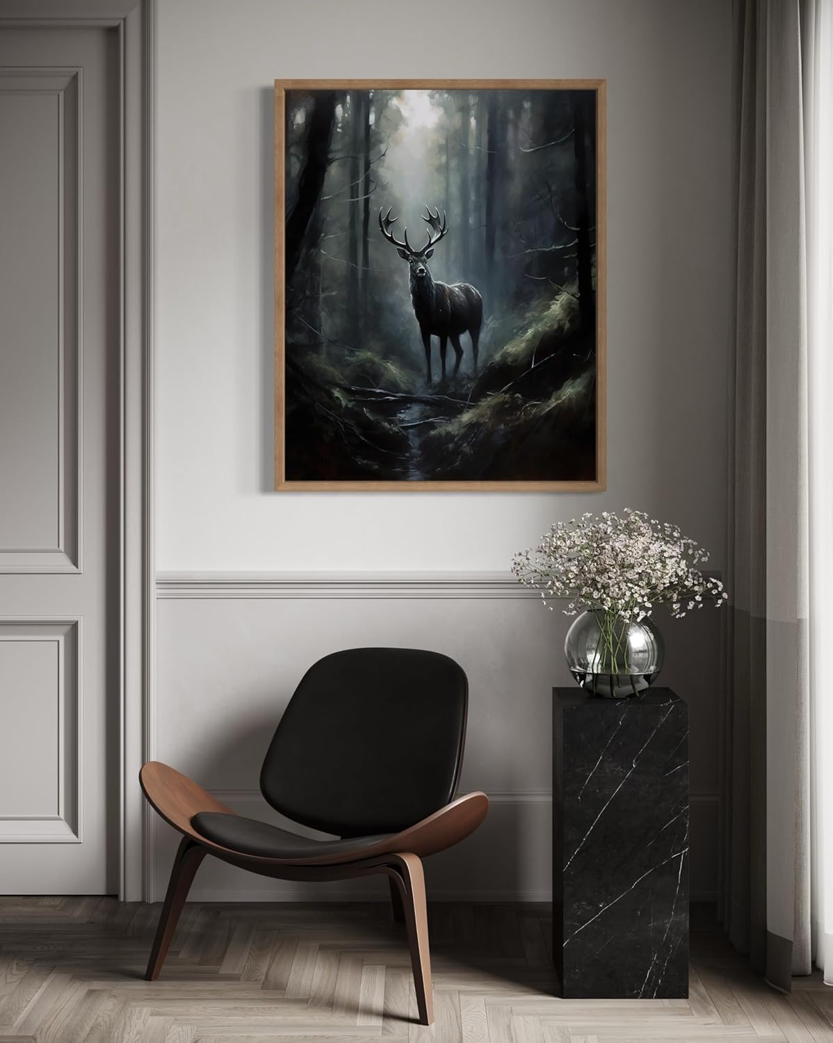 Deer in Forest Poster Art Print, Halloween Scary Vintage Wall Art Academia Spooky Painting Decoration for Horror Prints, Gothic Posters Bedroom Decor 89 (Deer in Forest, 16 x 20 inches, Wood Frame)
