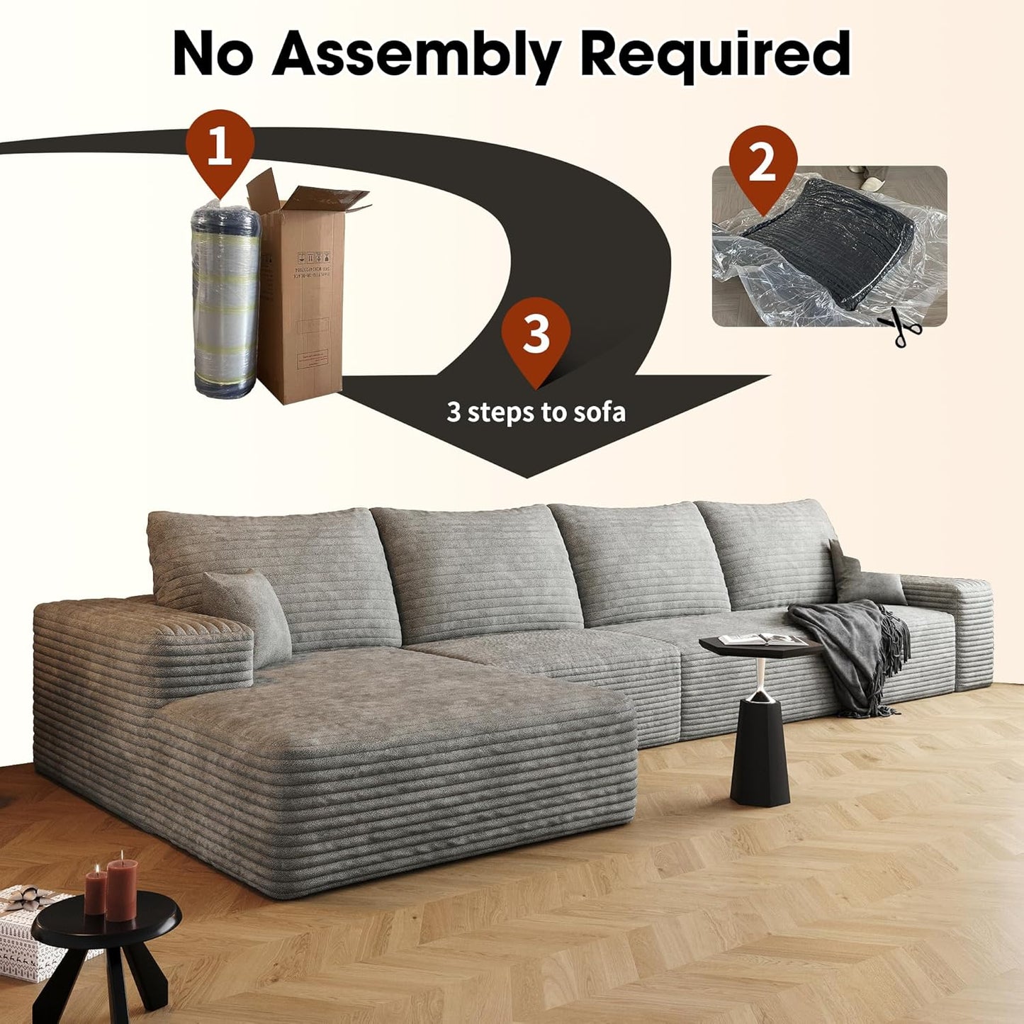 136" Sectional Couches for Living Room Modern Modular Sofa with L-Shape Couchs Upholstered Boneless Couch Deep Seat Sectional Couch with Chaise (Grey, Left Facing Chaise+3Seaters)