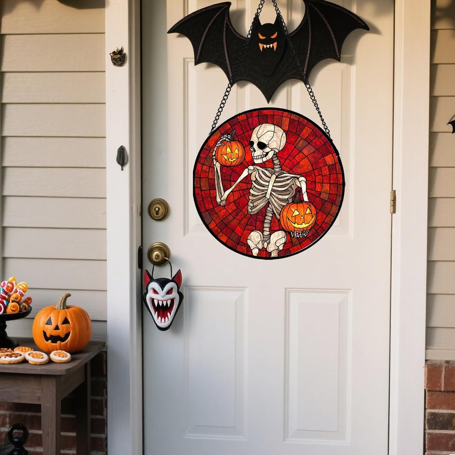 Stained Glass Window Hanging - Halloween Decorations Skeleton Pumpkin Suncatcher for Doors Garden Indoor Spooky Funny Sun Catchers Gothic Decor Horror Gifts for Women Men Friend 7.8 in