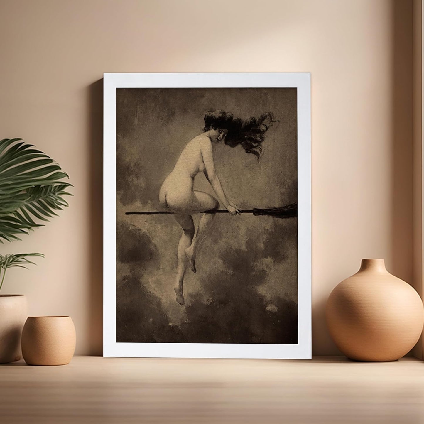 Poster Master Vintage Albert Joseph Penot Poster - Retro Halloween Print - Gift for Artist, Friend - Departure for the Sabbath, Naked Witch on Broom - Wall Decor for Bedroom, 16x20 White Framed