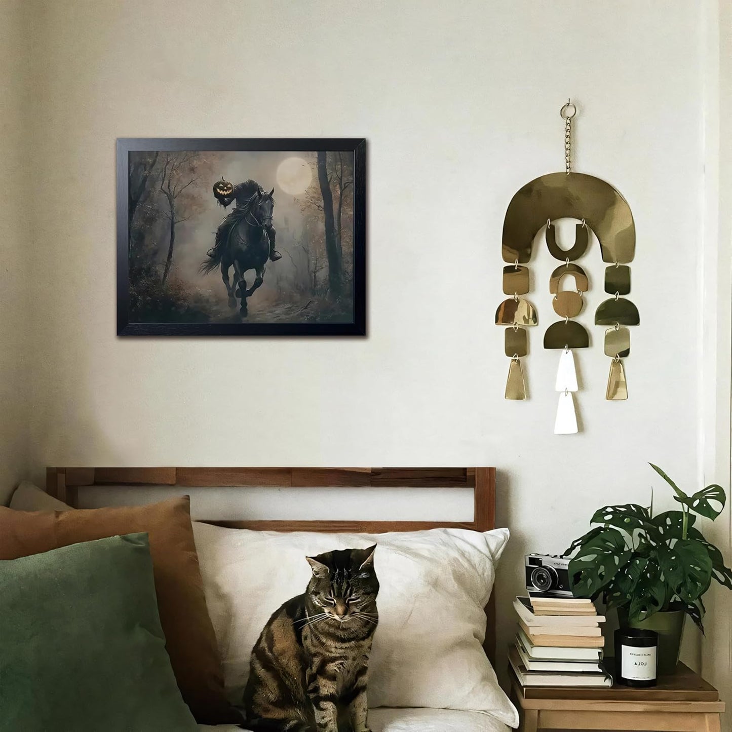 Black Wood Framed Halloween Canvas Wall Art Painting, Headless knight holding a pumpkin lantern Wall Decor, Vintage Dark Academia Gothic Poster Print, for Living Room Bedroom Office Decor 12x16 Inch