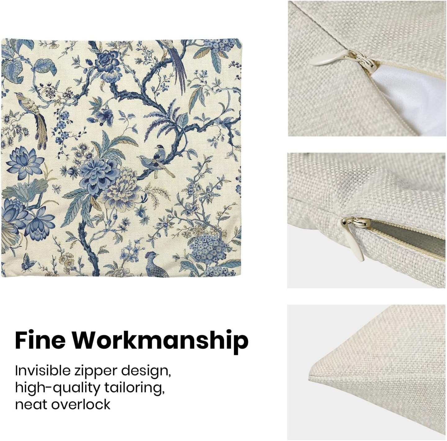 CXMEIFLY Spring Floral Birds Pillow Covers 24 x 24 Inch Set of 2 for Chinoiserie Flowers Decor Throw Pillows Blue and White Plant Outdoor Decorative Cushion Cases for Couch Bed Decorations