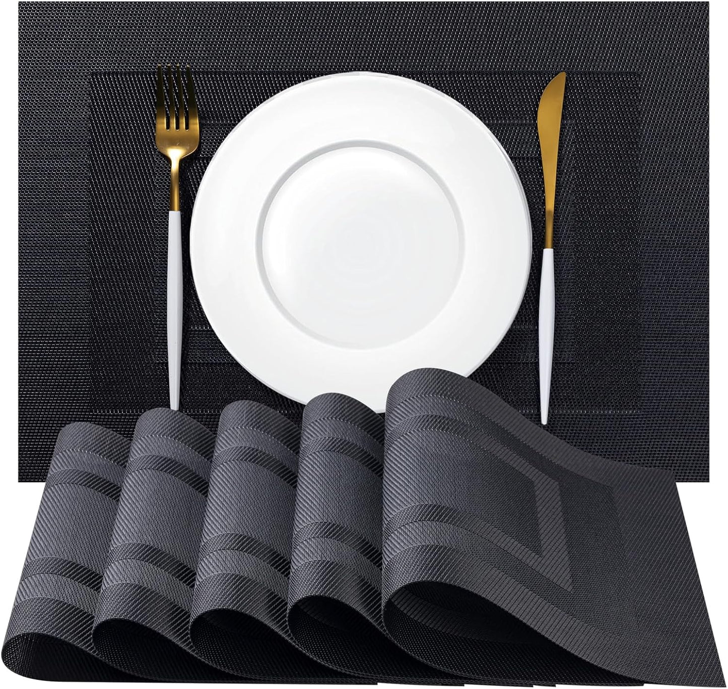 Placemats Set of 6 - Easy Clean Woven Vinyl Placemats for Dining Table, Indoor/Outdoor Place Mats, Washable PVC Table Mats（Black Cube）
