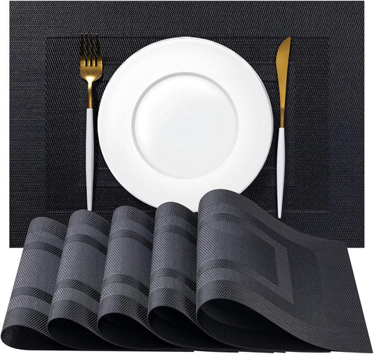 Placemats Set of 12 - Easy Clean Woven Vinyl Placemats for Dining Table, Indoor/Outdoor Place Mats, Washable PVC Table Mats（Black Cube）