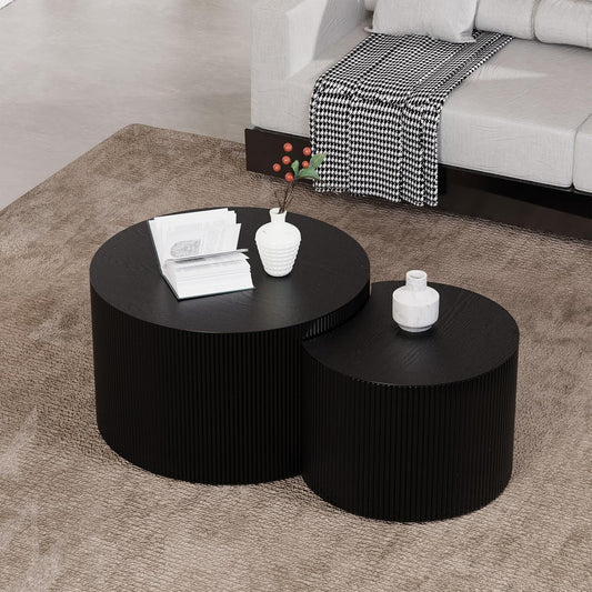 Round Nesting Coffee Table, Drum Wood Coffee Table Set of 2 Black, Modern Fluted Nesting Tables Circle Center Table 2 Piece for Small Spaces Living Room Bedroom Balcony Office, No Assembling