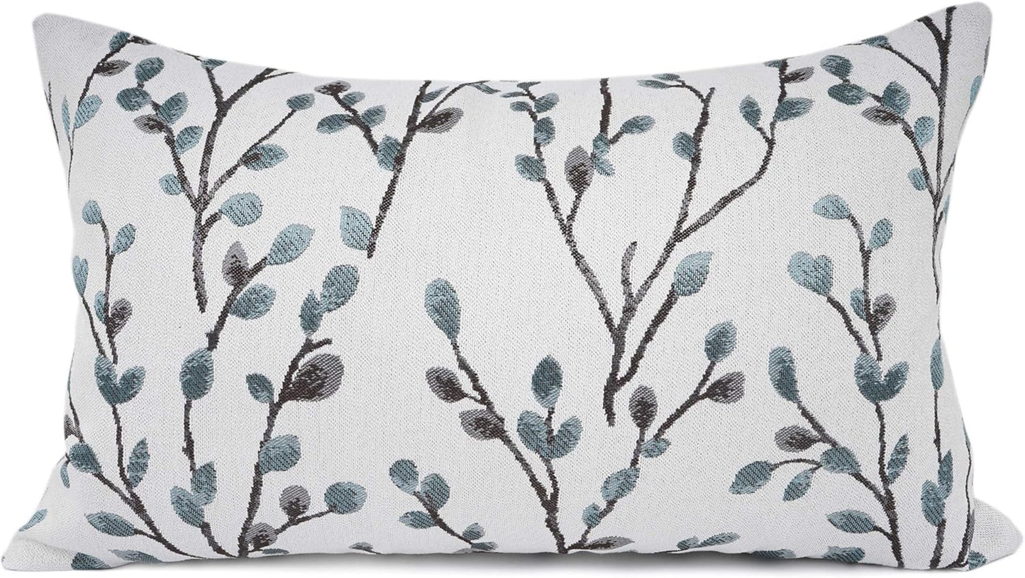 YOUR SMILE Classical Embroidery Jacquard Farmhouse Oblong Rectangle Chenille Teal Leaf Decorative Throw Pillow Case,12x20 inch