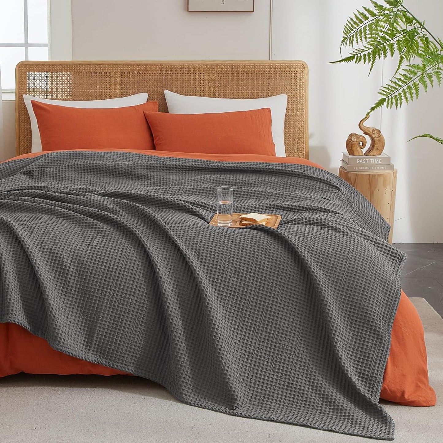 PHF Ultra Soft Waffle Weave Blanket Twin Size 66"x 90"- Washed Lightweight Breathable Cozy Woven Blanket for Bed - Aesthetic Decor for Couch Bedding Sofa Home Car - Grey