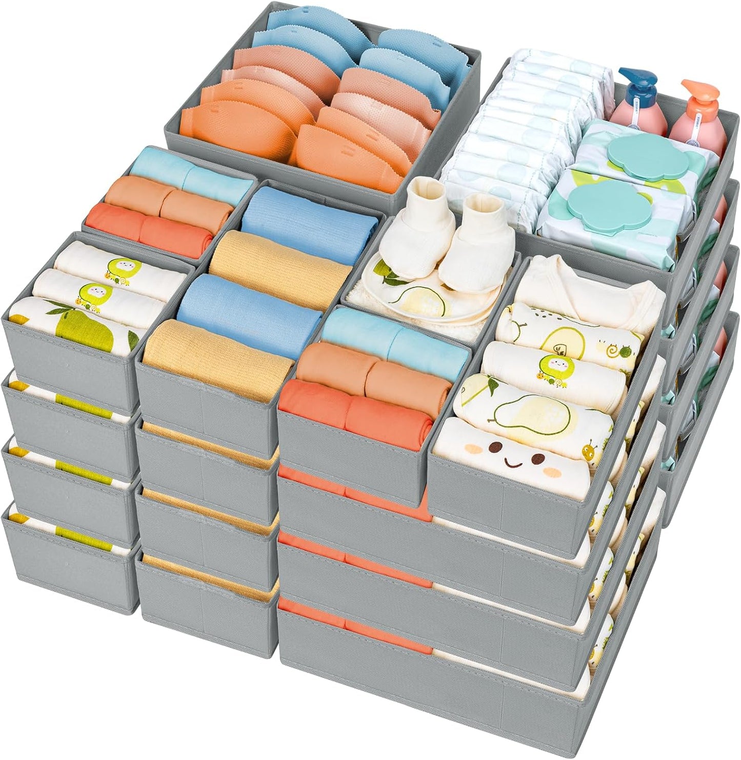 DIMJ Drawer Organizer Clothes 18 Pack - Foldable Baby Organizers and Storage & Dresser Organizer for Bedroom, Closet - Nursery Organization Dresser Dividers for underwear, Sock,Bra, Belt, Tie, Gray