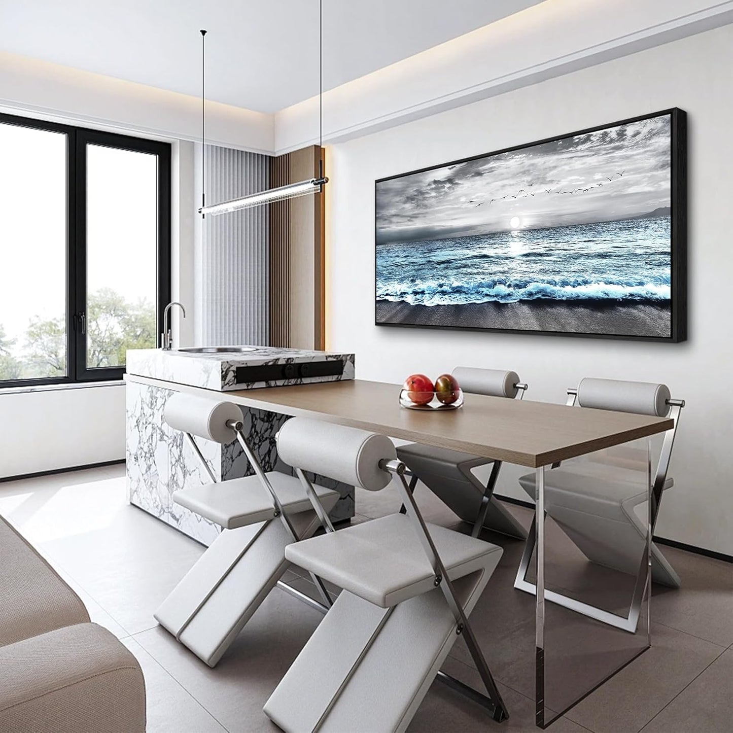 Wapluam Large Black Framed Wall Art For Living Room Wall Decor For Bedroom Office Wall Decorations Black And White Wall Painting Blue Sea Wave Pictures Artwork For Modern Beach Canvas Prints Poster